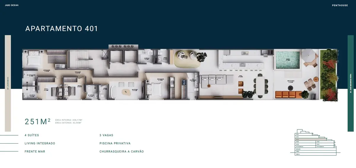 Planta Jade Ocean — Penthouse 501 Frente Mar 196m²
